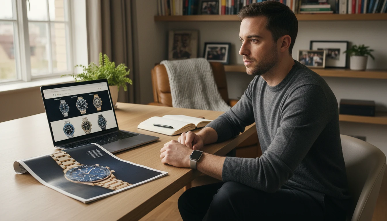 Person browsing watch options on a laptop while holding a printed photo of a watch they want to find