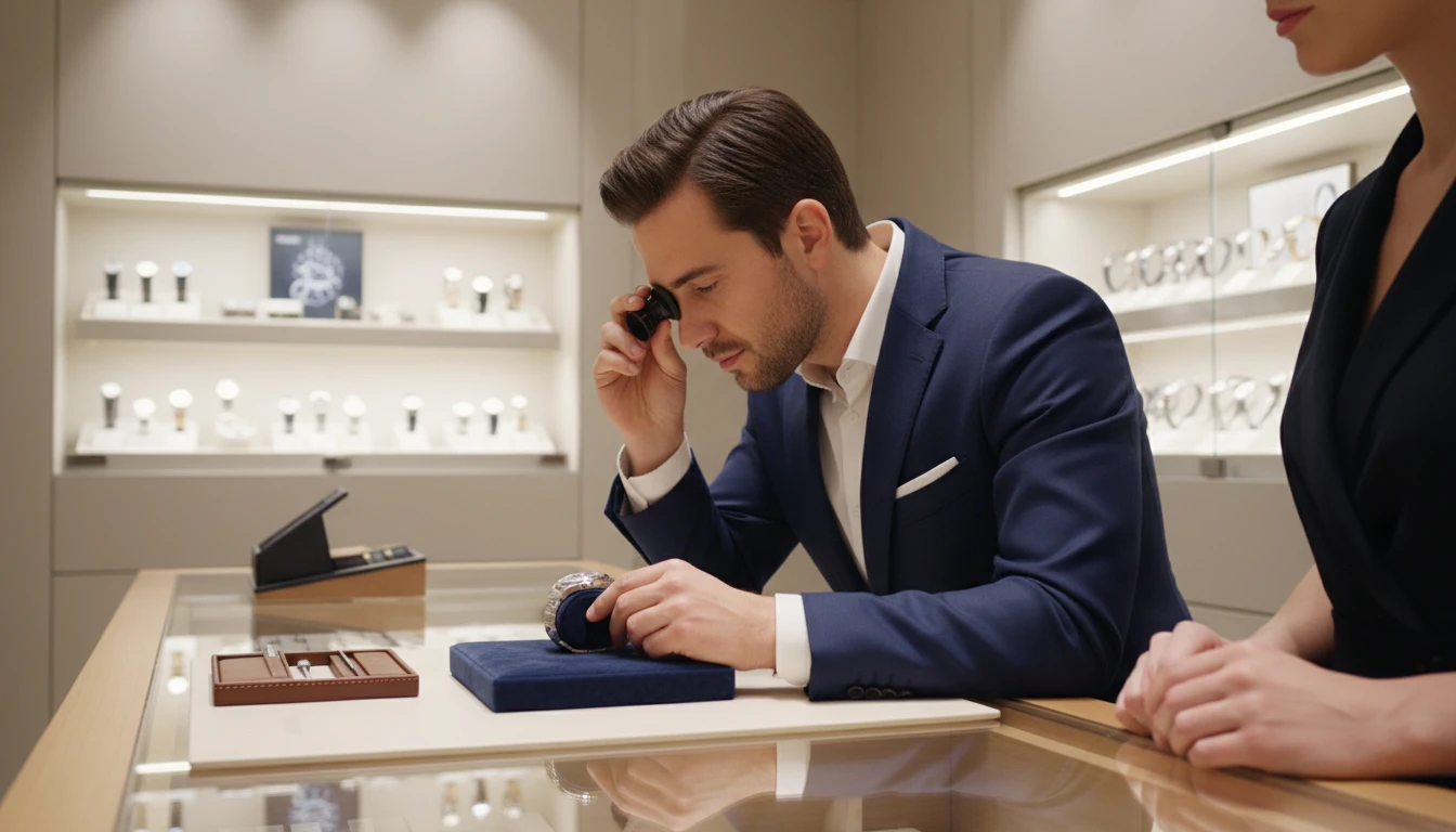 Jeweller examining a customer's watch on a velvet pad in a professional watch retail environment