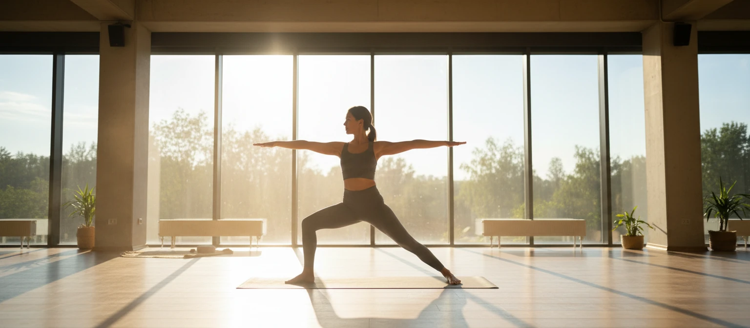 Wide editorial collage of yoga practitioners in various poses in studio and outdoor settings