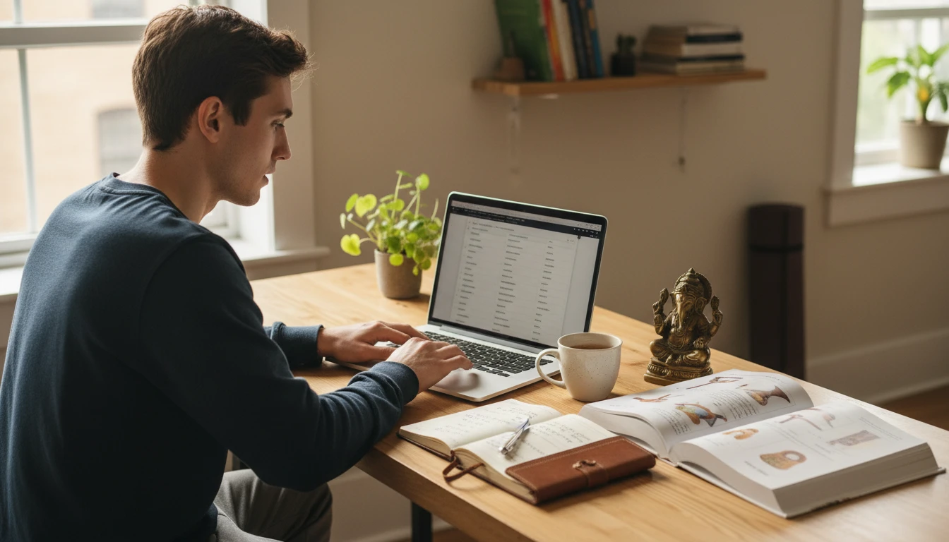 Yoga student at a desk studying Sanskrit pose names on a laptop beside a yoga textbook and a small statue