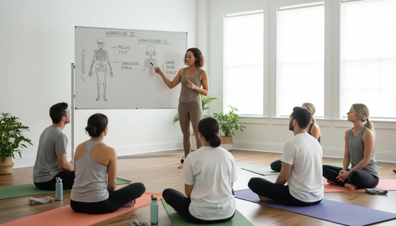Yoga teacher at a whiteboard explaining anatomical alignment of a yoga pose to a small class with a diagram