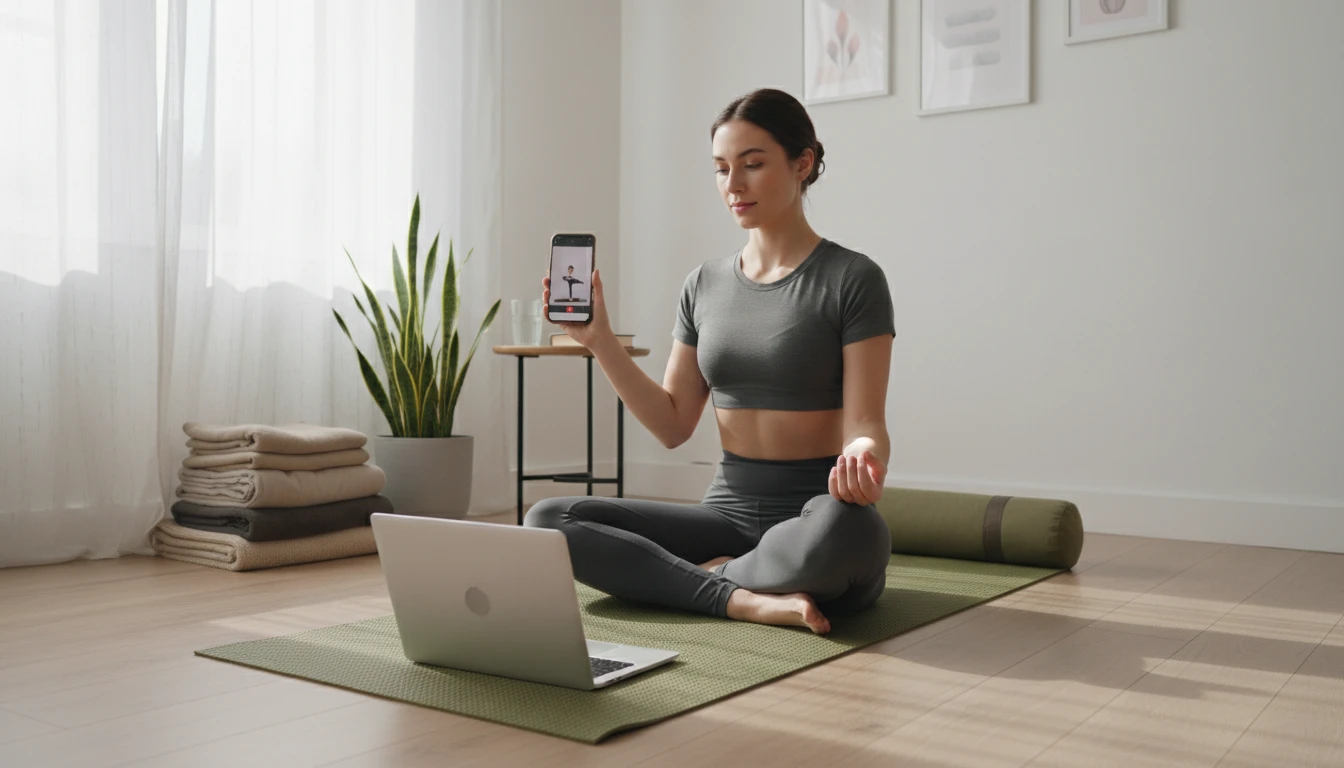 Yoga student at home on a yoga mat using a phone to identify a pose from a video class