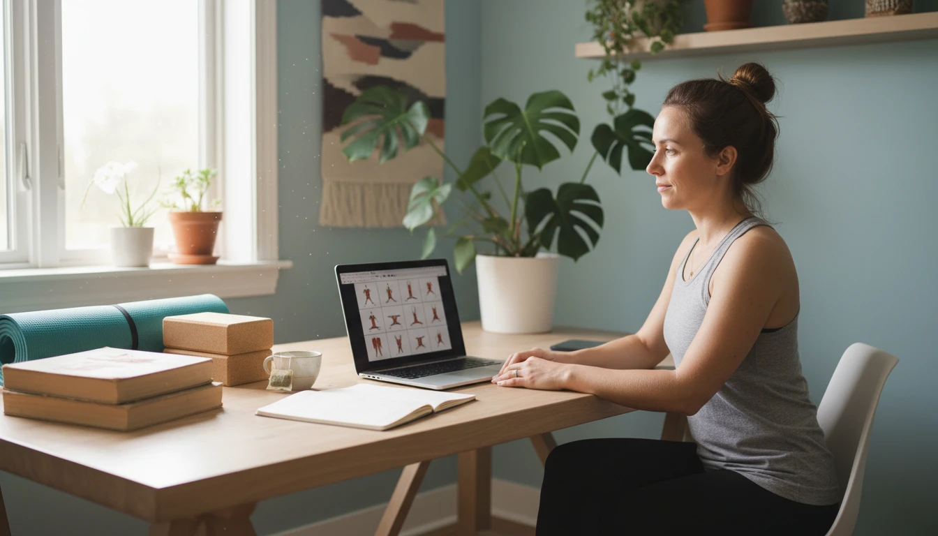 Yoga teacher at a desk preparing a class plan on a laptop with yoga reference books and a yoga mat nearby