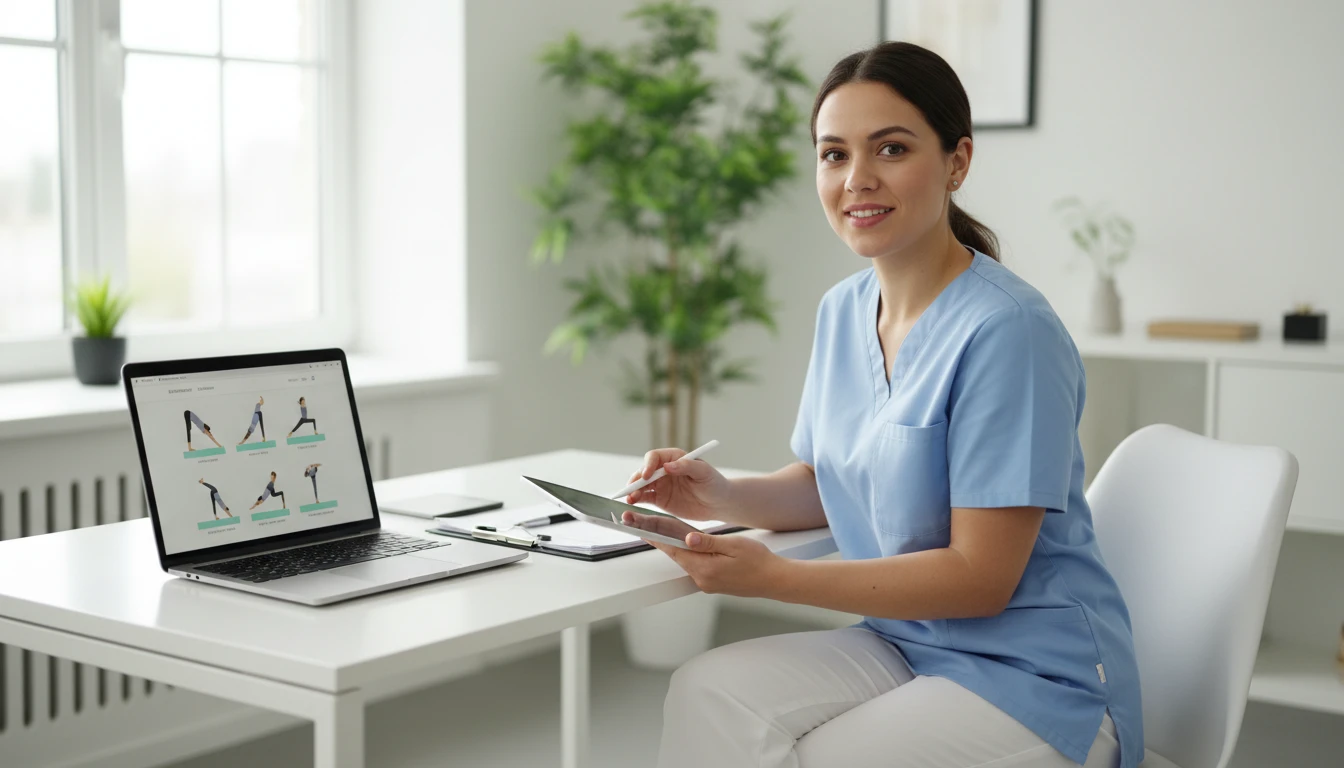 Physical therapist at a desk reviewing yoga pose contraindications on a laptop for a patient rehabilitation plan