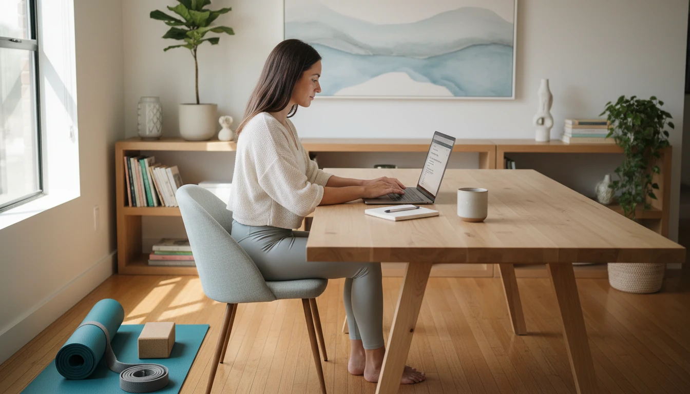 Yoga content creator at a bright desk writing a yoga blog post on a laptop beside a yoga mat and props