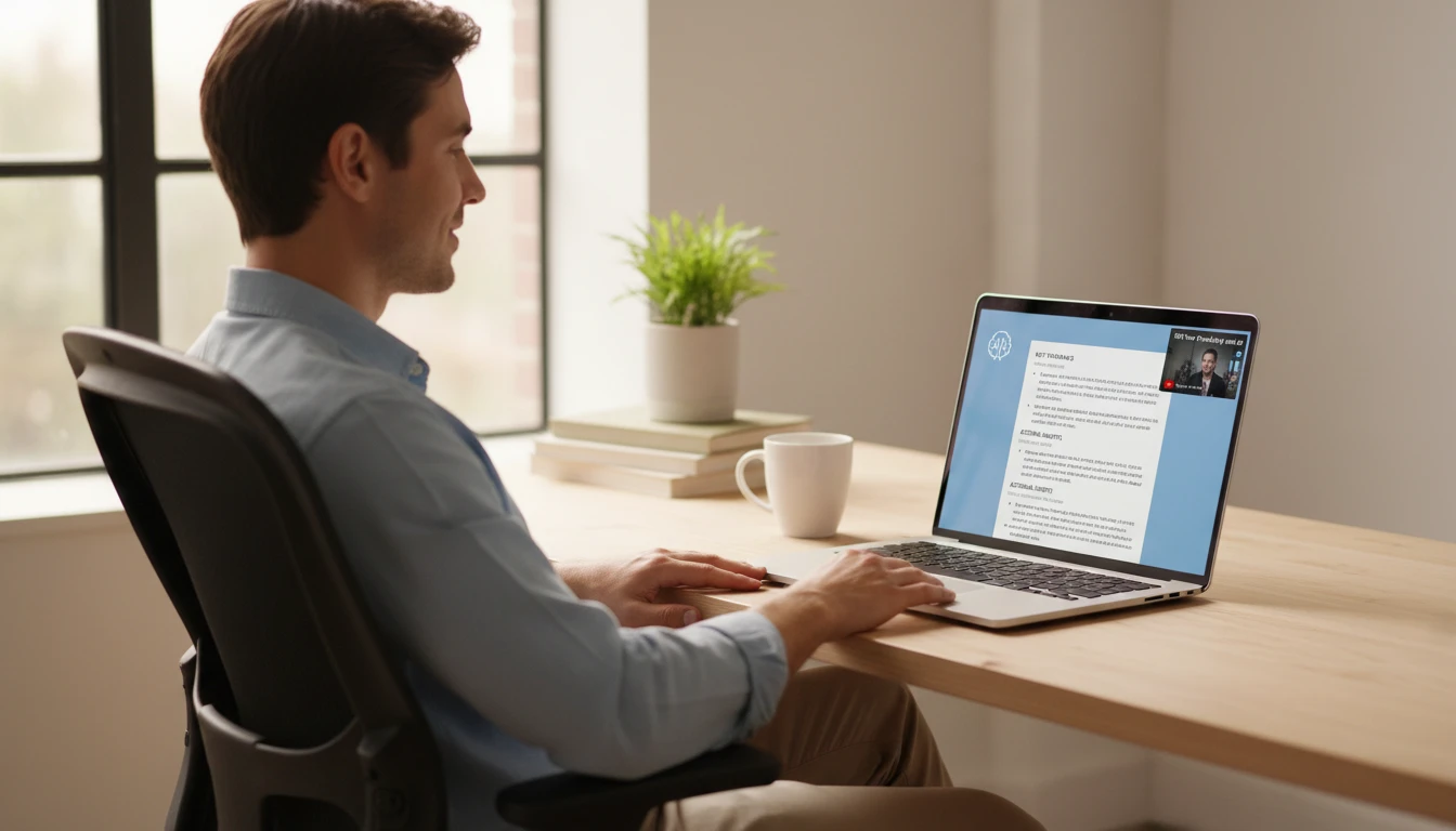 Person reading a clean AI summary of a YouTube video on a laptop instead of watching the full video