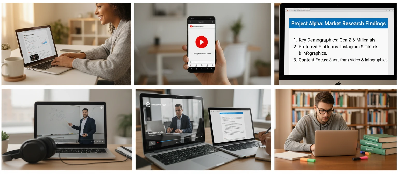 Wide editorial collage showing a person watching a lecture on a laptop, a YouTube video play button, a structured summary document, headphones beside a laptop, a conference speaker on screen, and a student reviewing notes