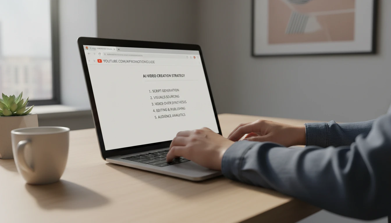 Laptop screen showing a YouTube URL being pasted into a text field with an AI summary appearing on the right