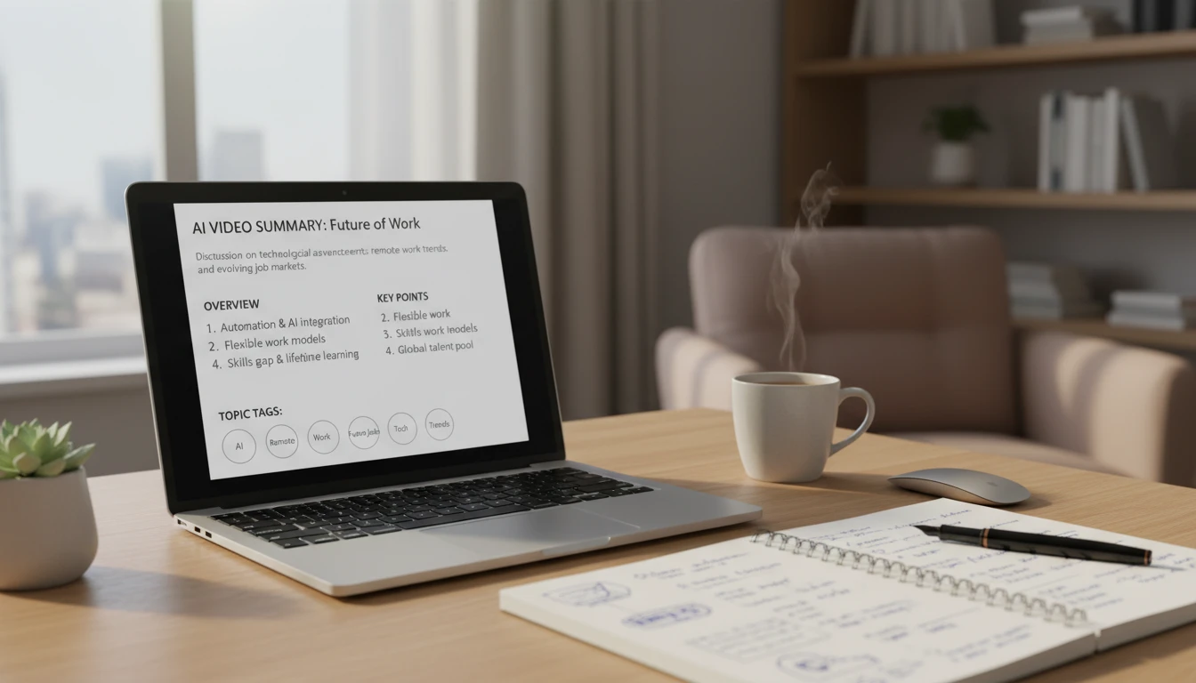 Structured video summary on a screen showing key points and takeaways with clear headings