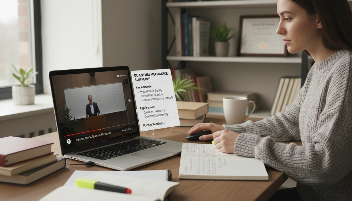 Split screen showing a long lecture video on one side and a concise AI summary with key points on the other