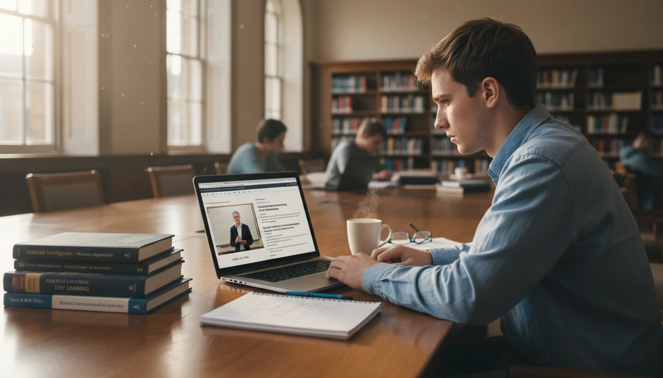 Student at a library desk reading an AI summary of a lecture video on a laptop
