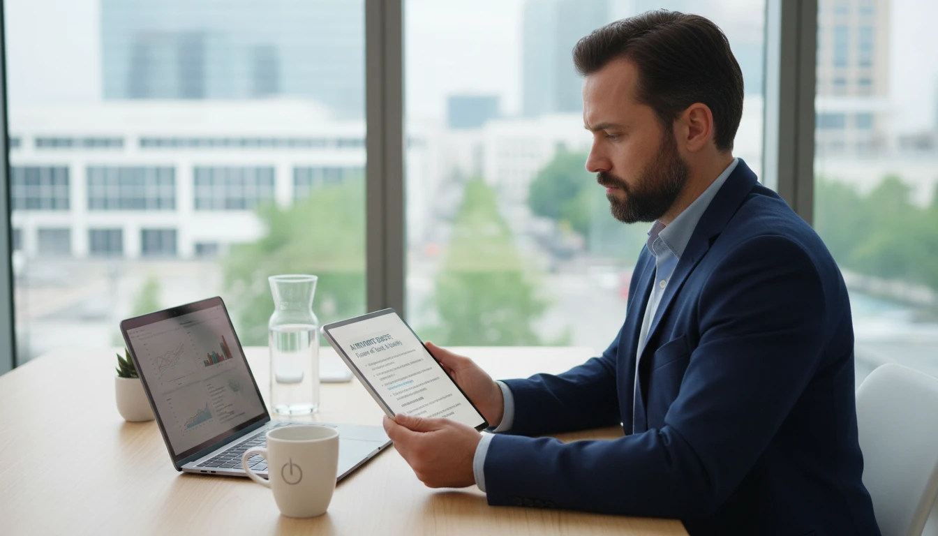 Professional reviewing a quick AI summary of a conference keynote on a tablet at their desk