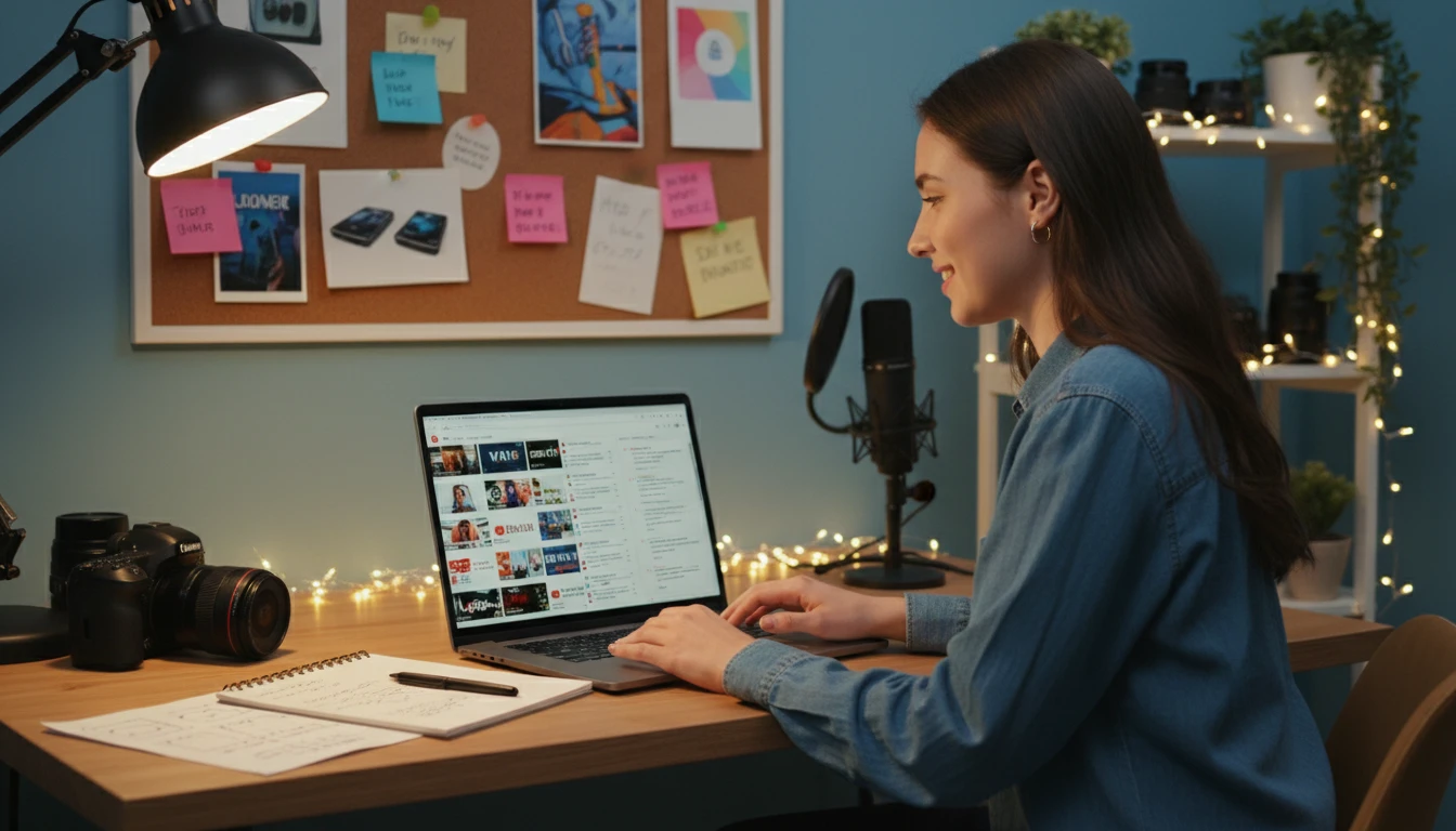 Content creator reviewing AI summaries of multiple YouTube videos on a laptop for research