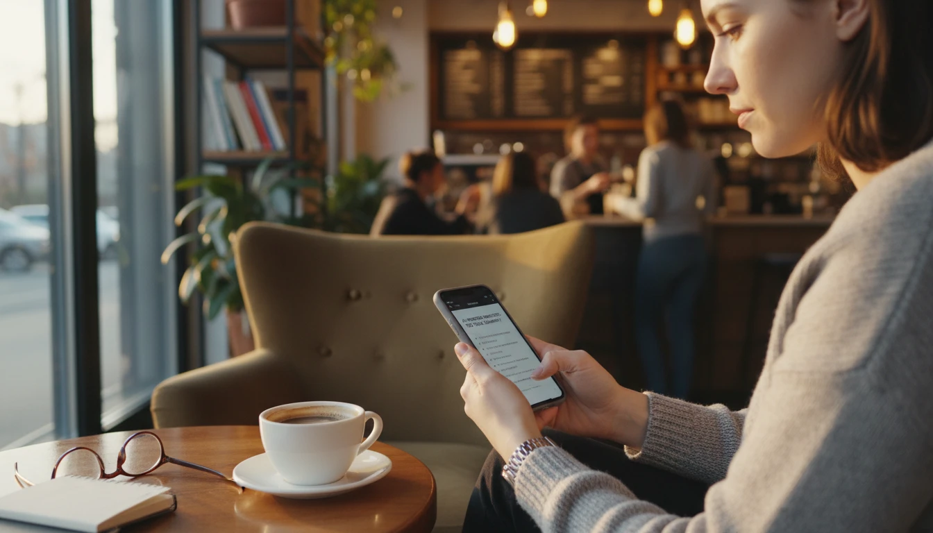 Person reading a concise AI summary of a TED Talk on their phone while commuting