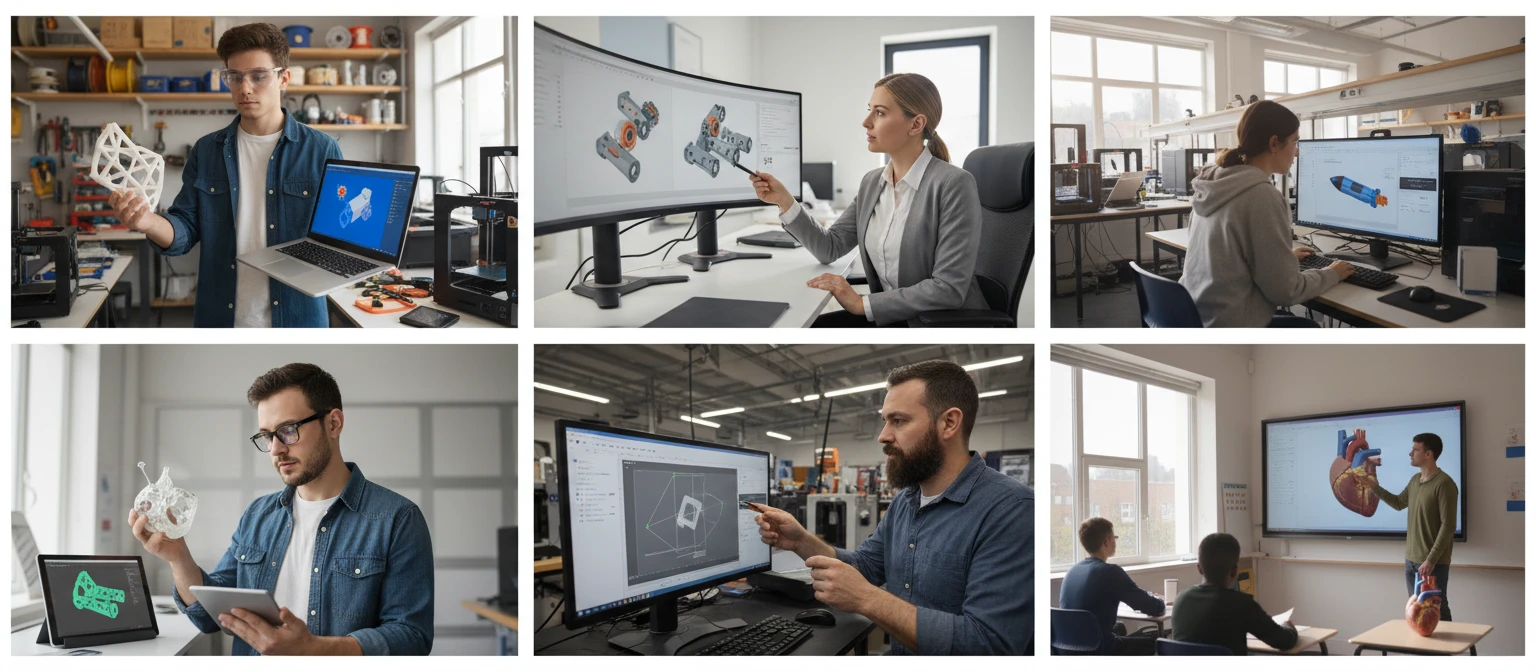 People using a 3MF viewer for 3D printing, design, and education