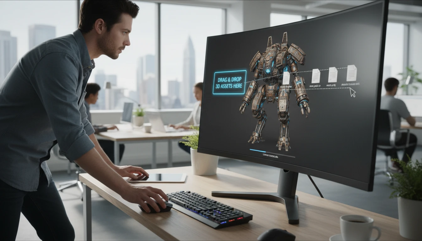 Multiple 3D asset files being dropped into a browser glTF viewer