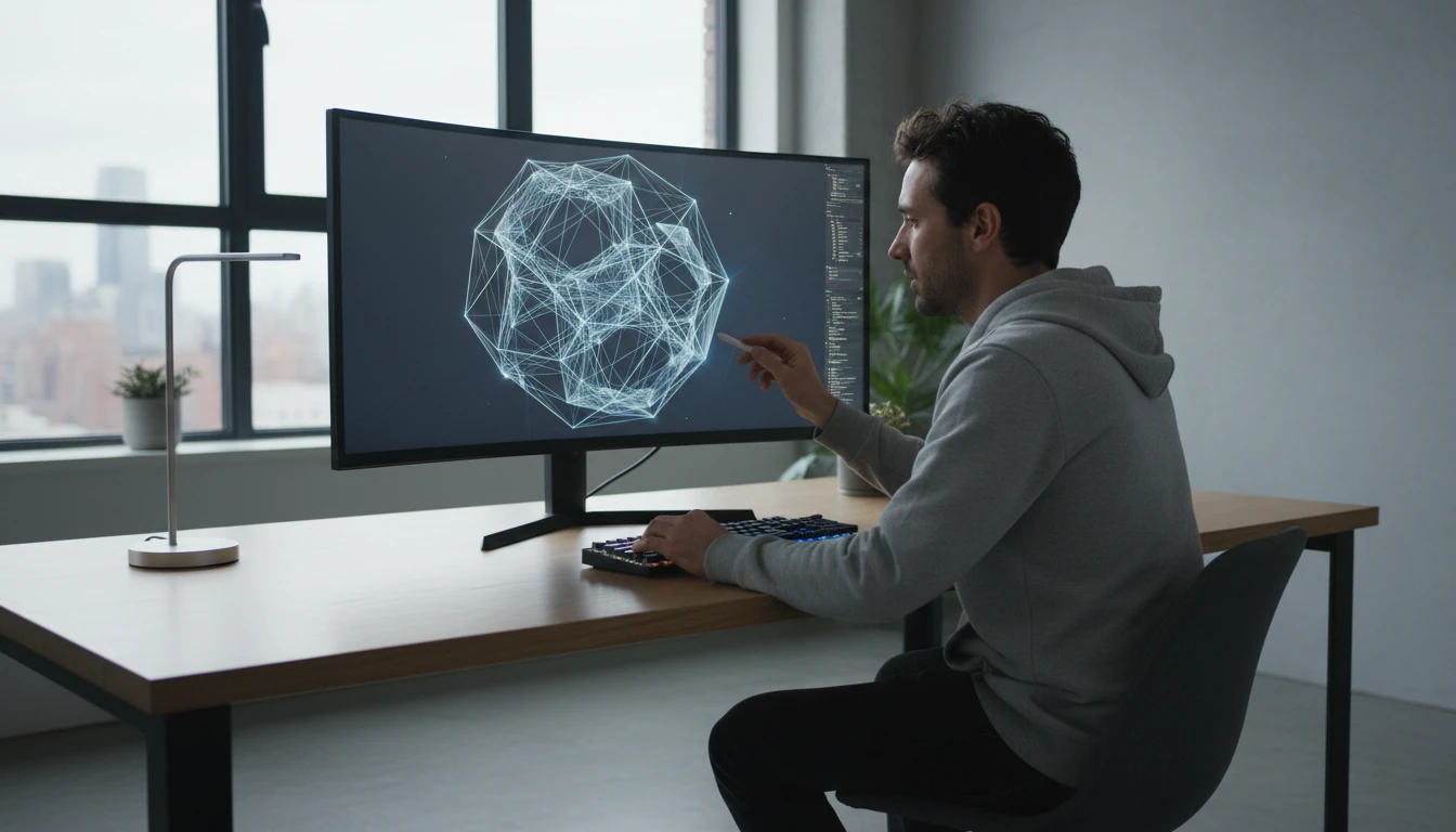 A 3D mesh shown in wireframe mode revealing polygon edges in a browser