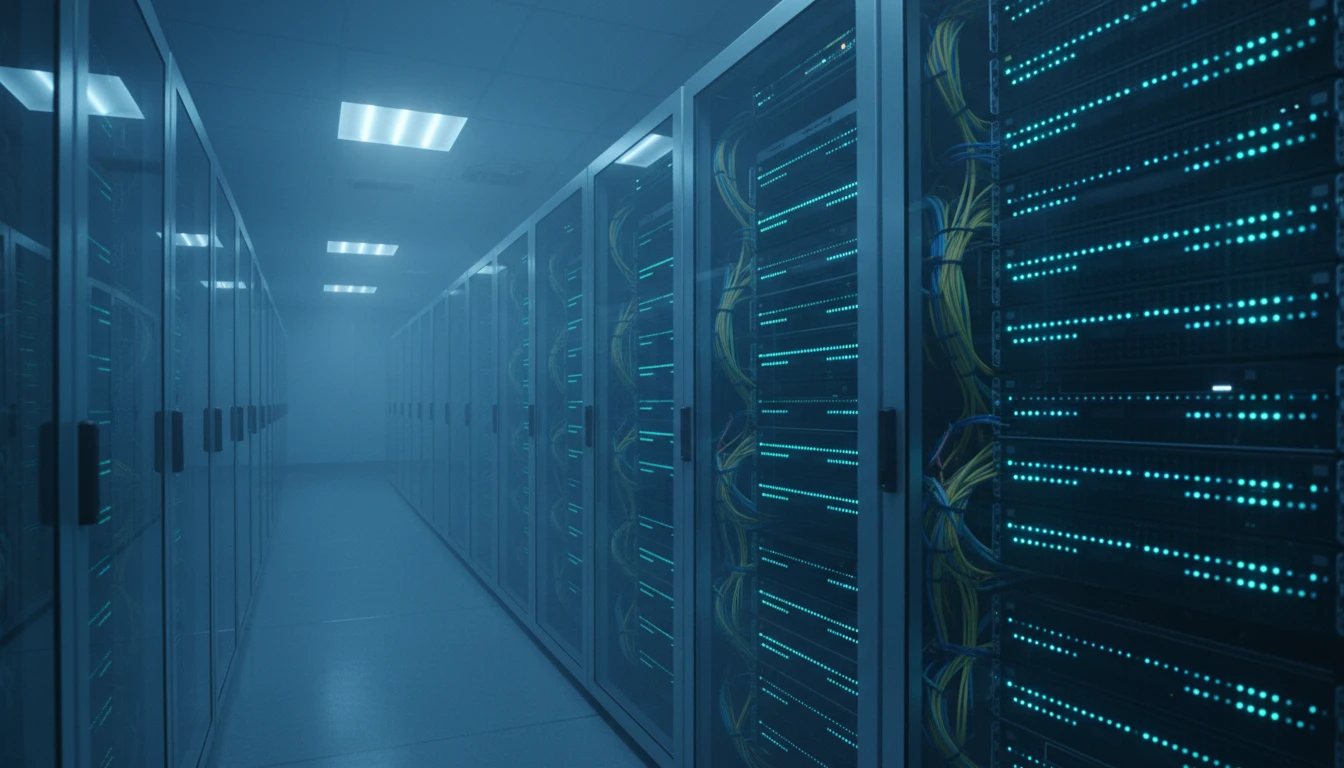 Server rack with data processing lights in a modern data center