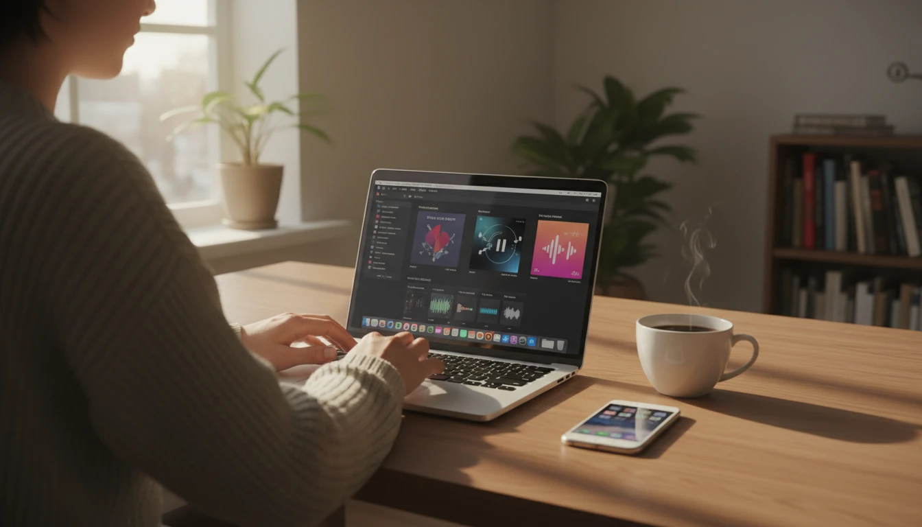 Person at a MacBook with iTunes open importing audio files