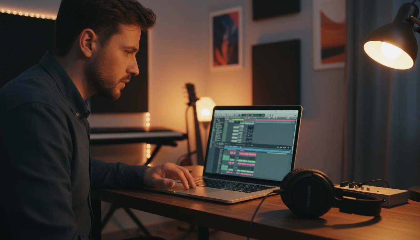Audio engineer at a MacBook with Logic Pro open showing an audio session
