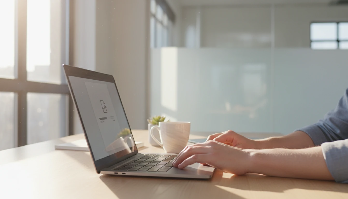 Person uploading audio to a content platform on a laptop
