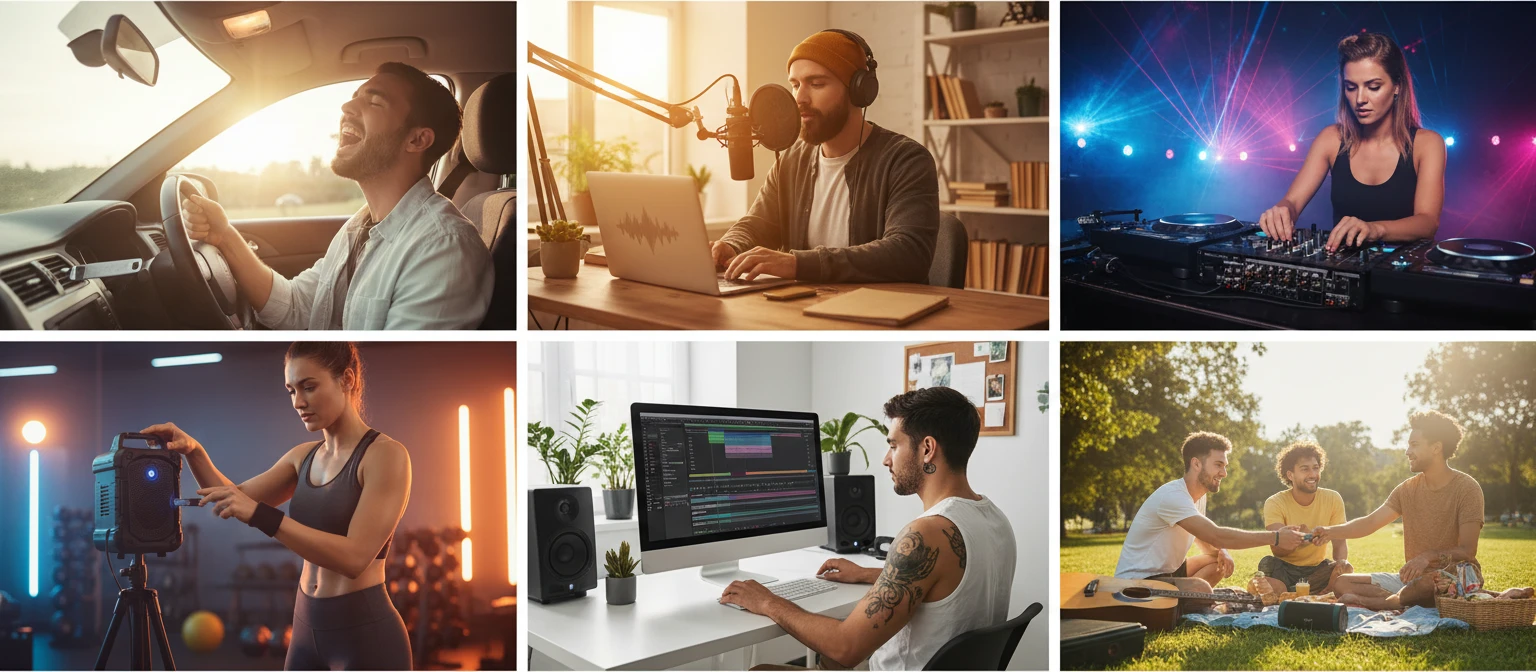 People sharing audio, podcasting, and uploading to platforms