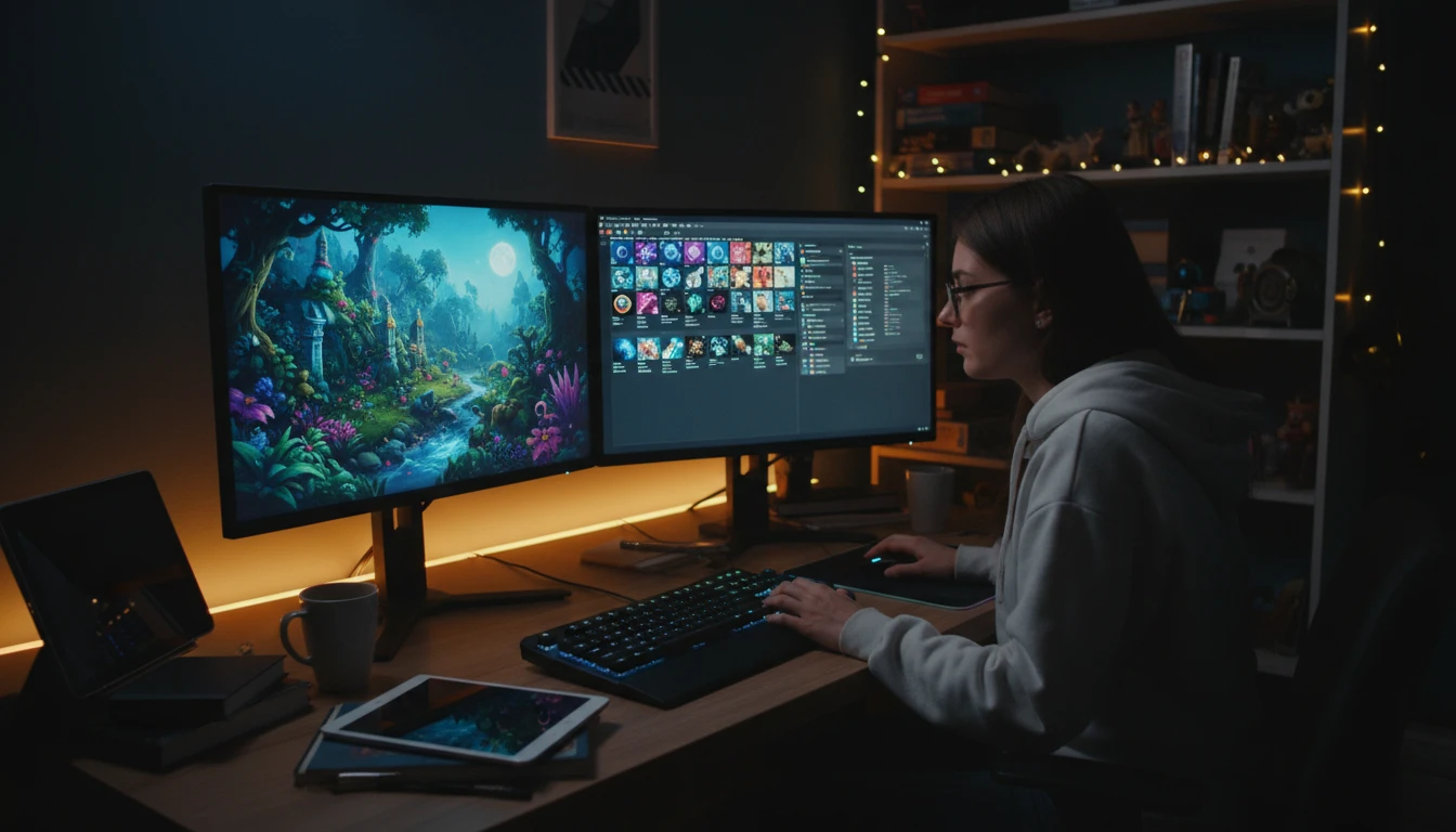 Game developer at a workstation with a 3D game scene and audio asset panel open