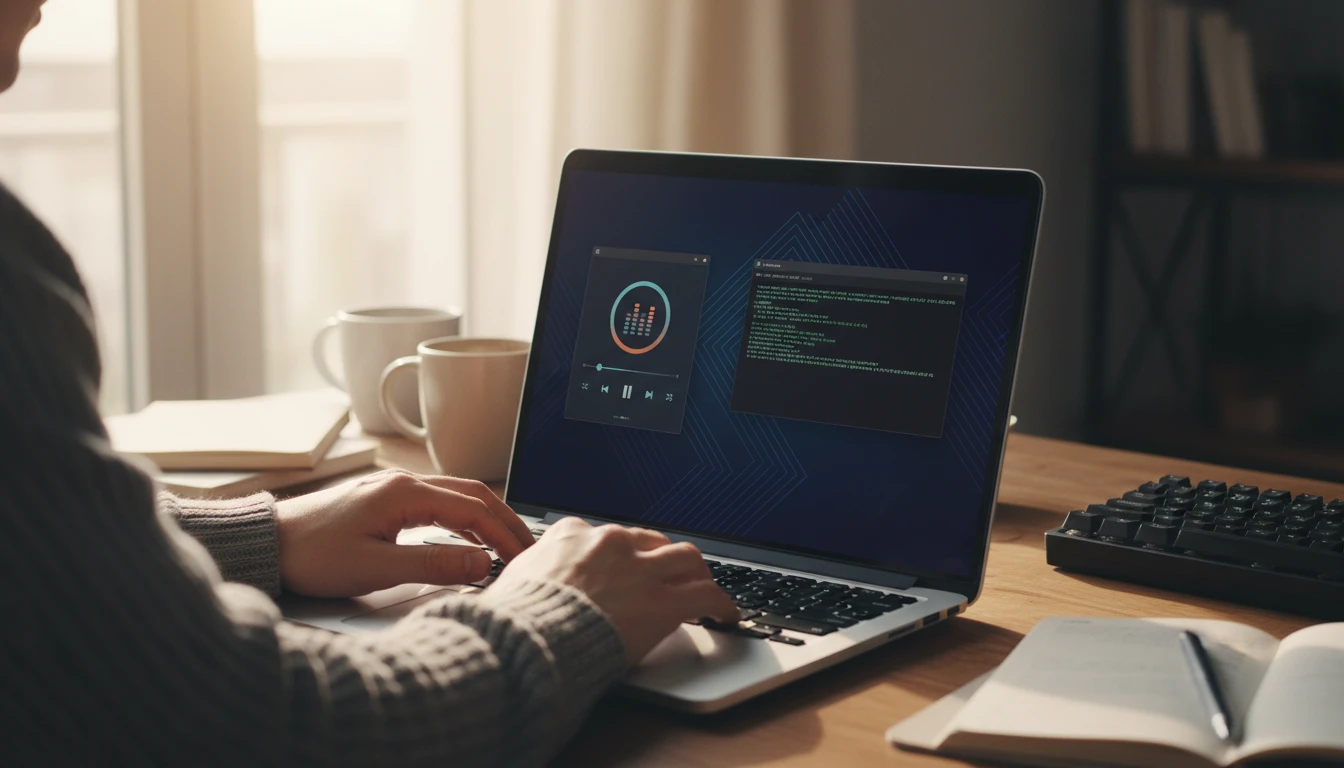 Linux developer at a laptop with a music player and terminal open on the screen