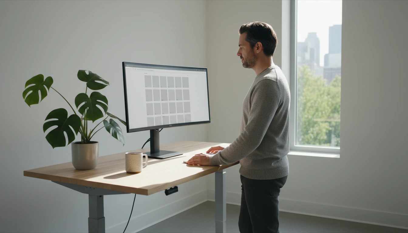 Web developer at a bright desk with a browser showing a web audio project