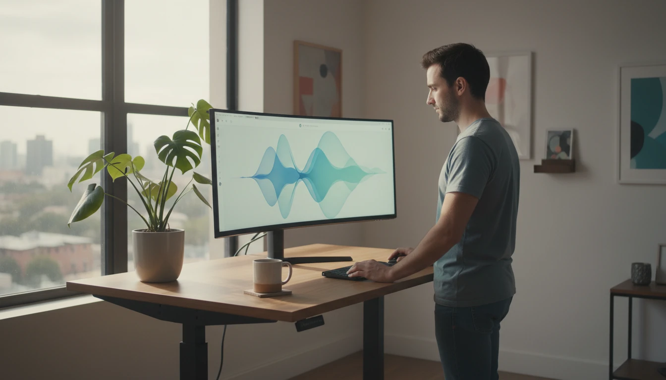 Web developer at a standing desk with a large monitor showing a web audio project