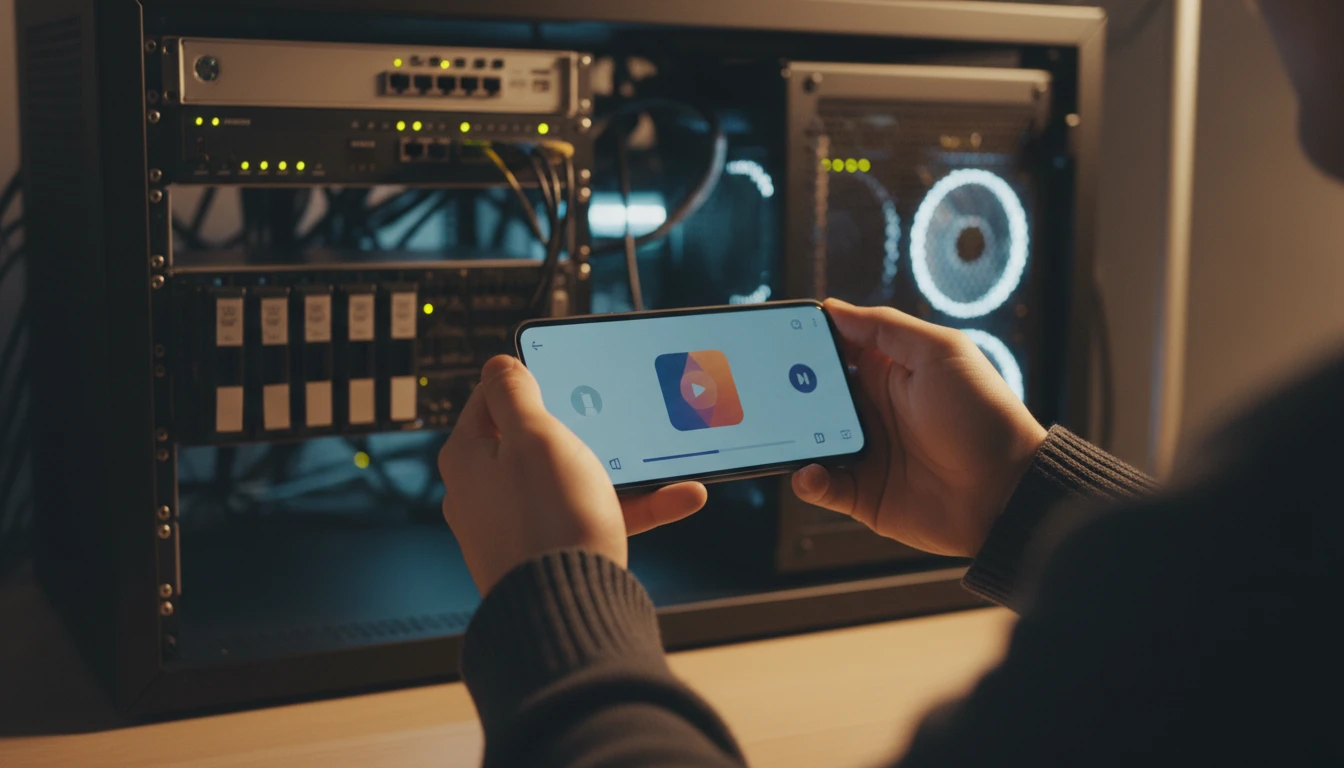 Person streaming music on a phone with a self-hosted server rack visible in the background