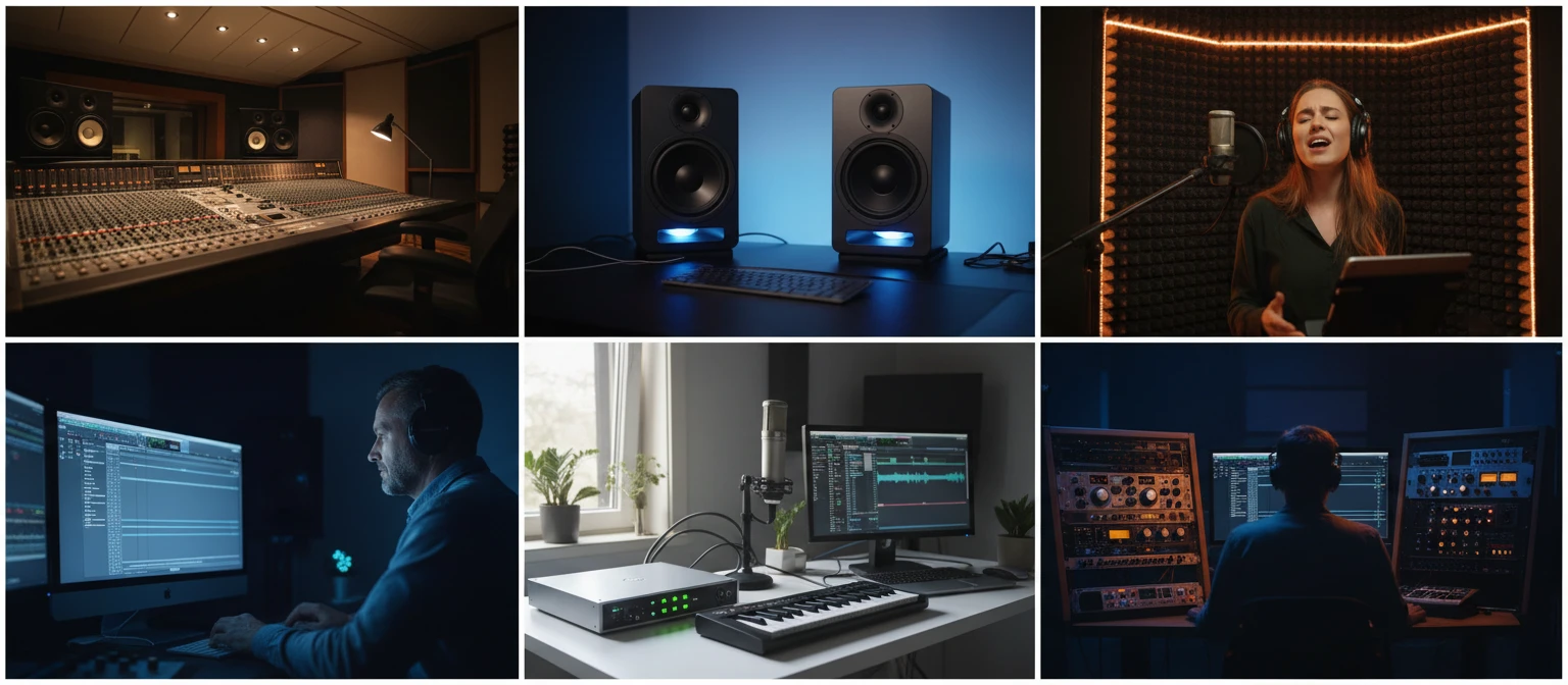 Professional audio production and recording studio scenes