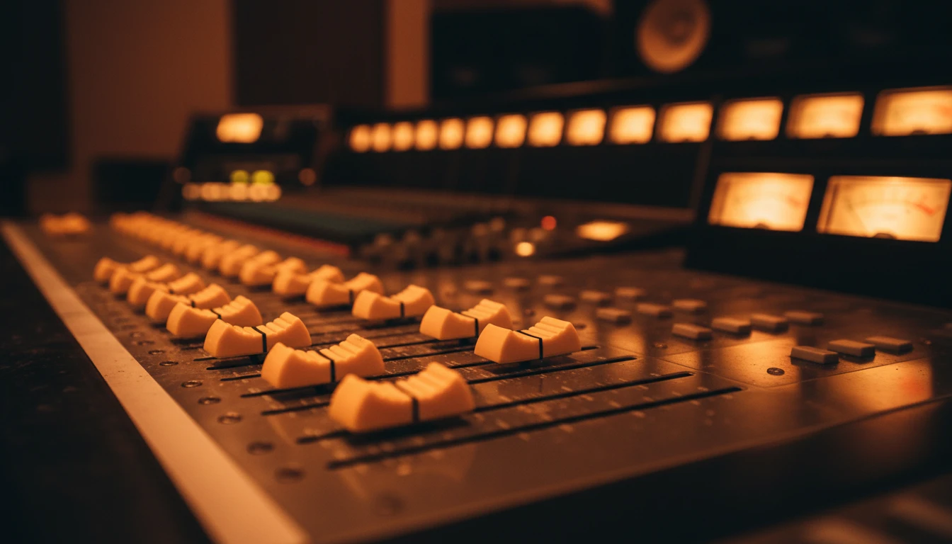 Sound engineer adjusting a mixing board in a professional studio