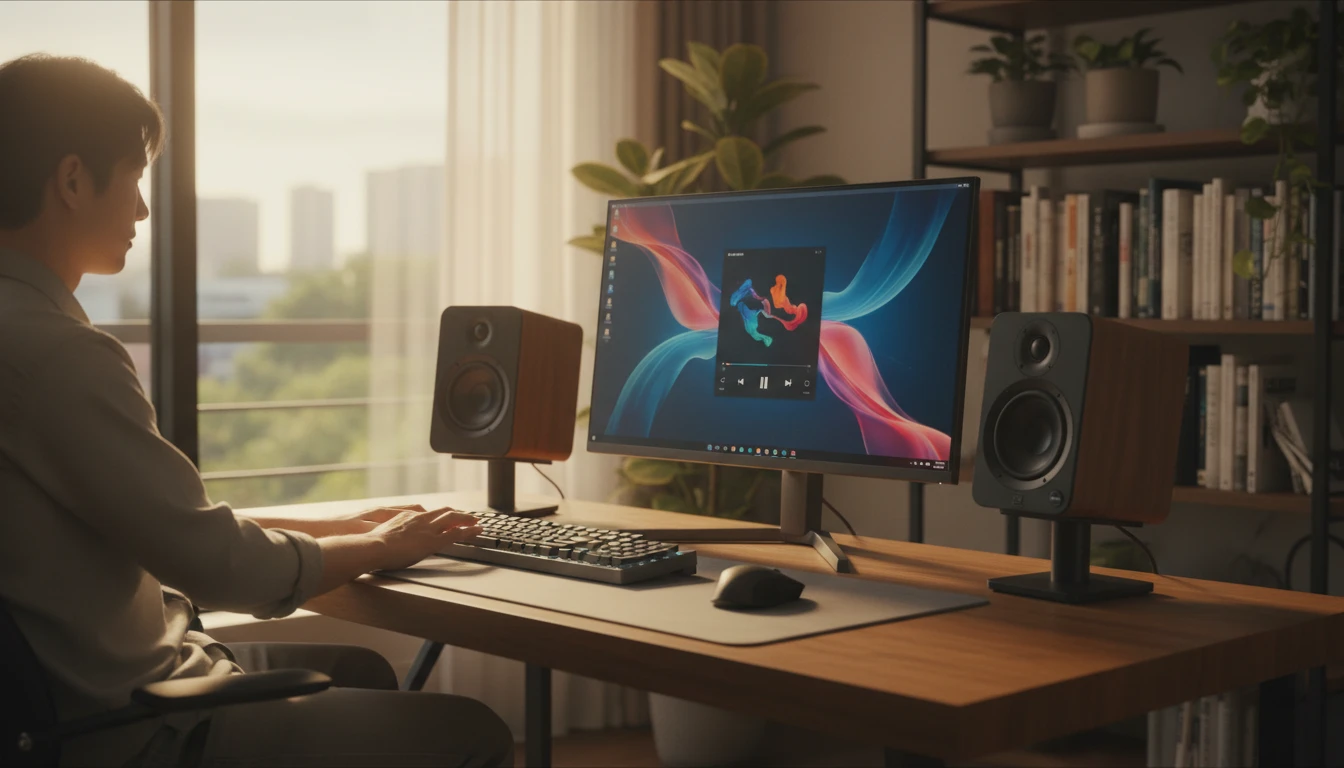 Person at a Windows desktop with a music player open and speakers on the desk