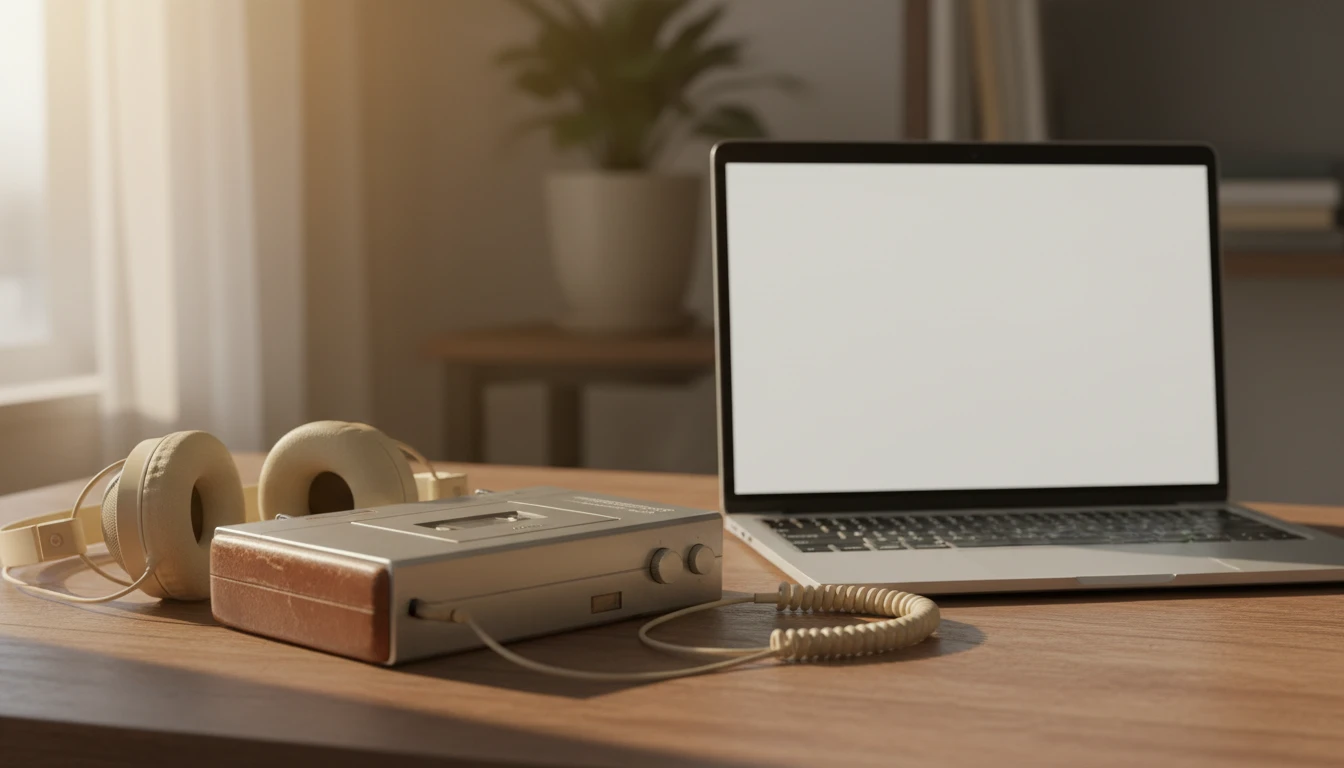 Vintage portable music player and earphones on a wooden desk beside a laptop