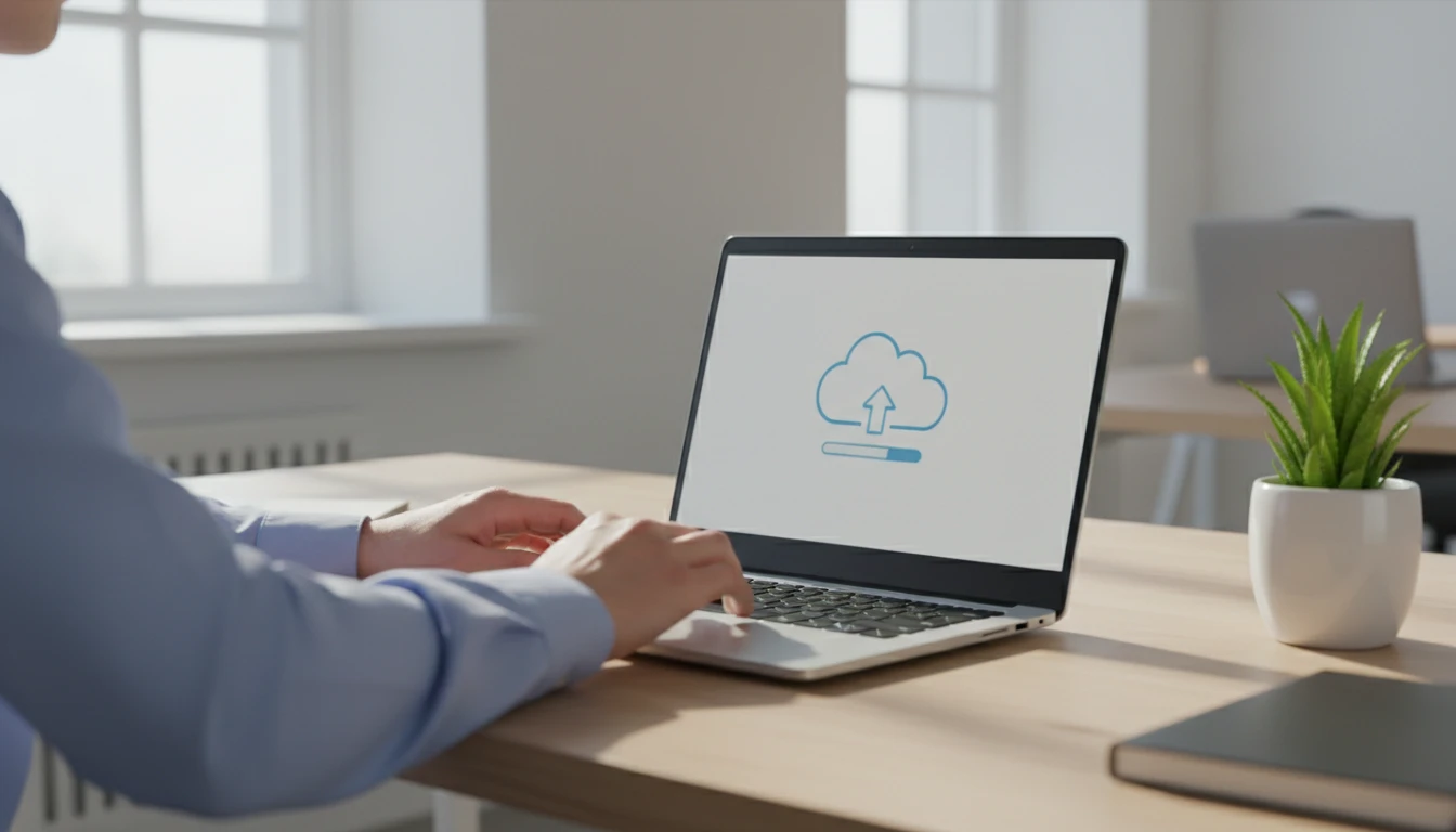 Office worker at a Windows workstation uploading an audio file to an enterprise system