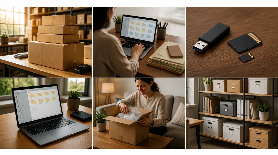 Boxes, laptops, and people organizing digital and physical files
