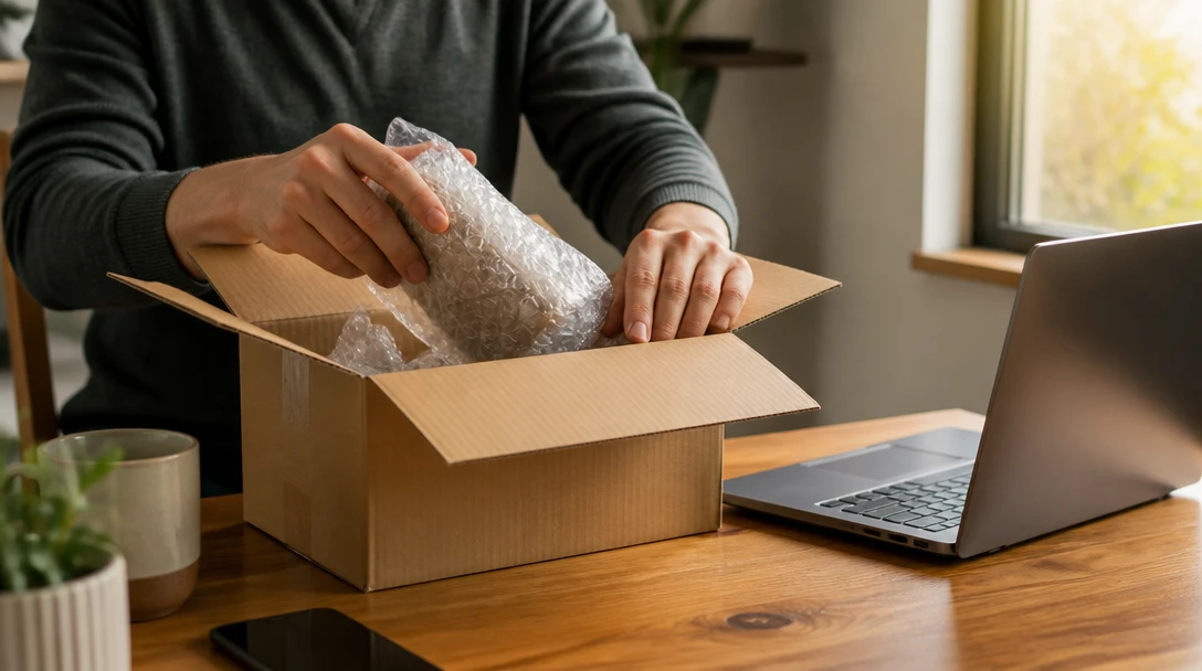 Person unpacking a box at a desk with a laptop nearby