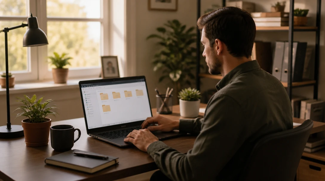 Person at a home office desk organizing digital files on a laptop