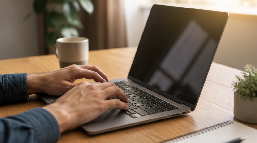 Person entering a password on a laptop at a bright desk
