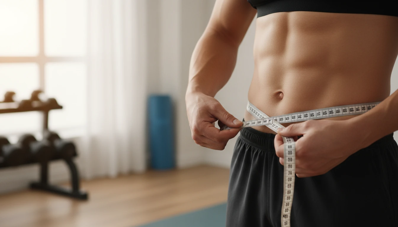 A person measuring their waist with a flexible tape measure