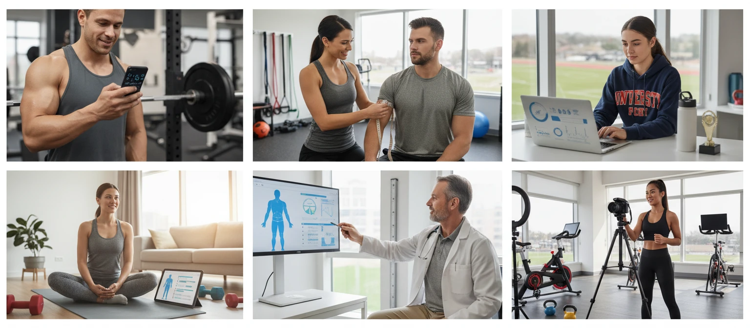 People at different fitness levels checking body fat and health metrics