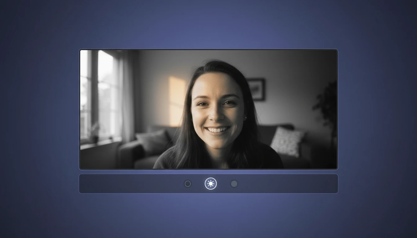 Dark camera UI showing a live webcam feed with filter options