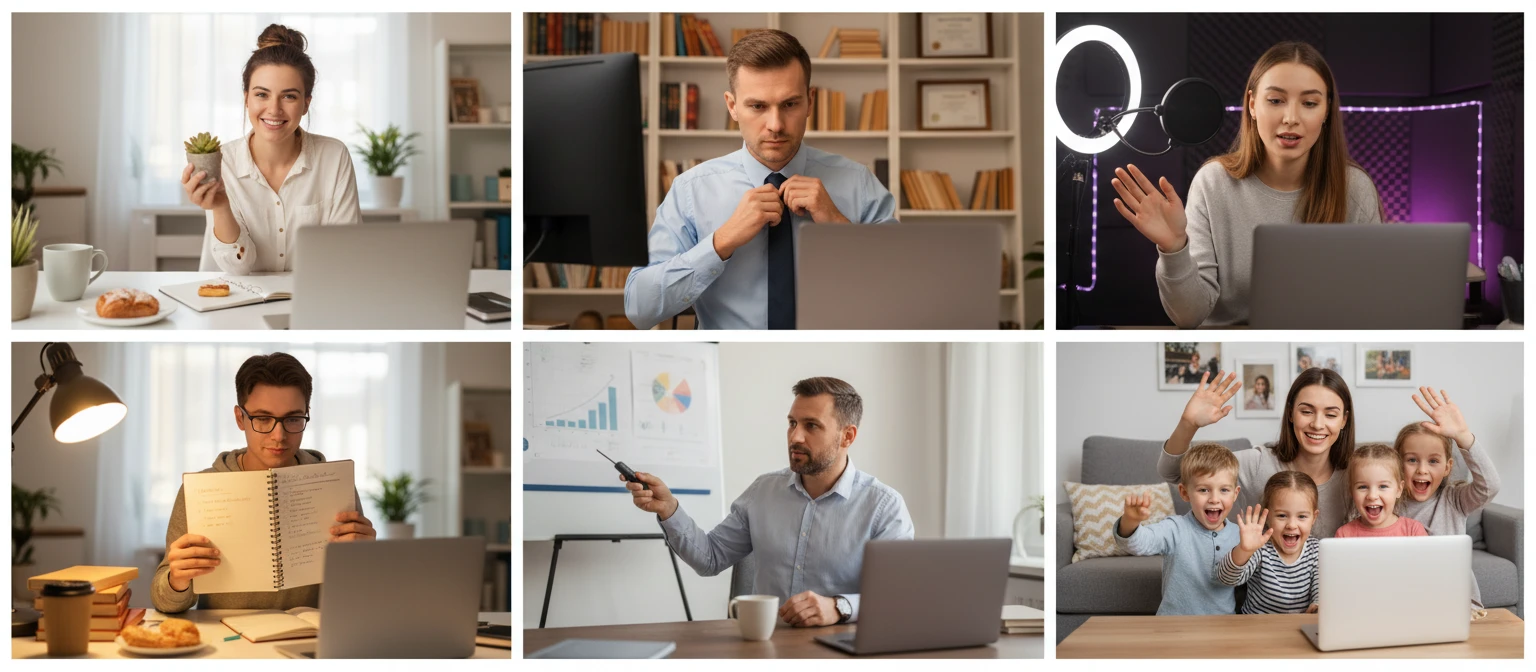 Six people using laptop webcams for different creative and professional tasks
