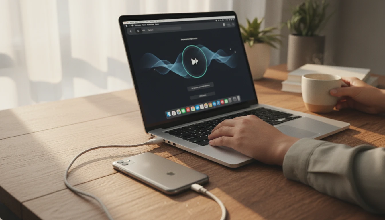 Person syncing music from a MacBook to an iPhone at a clean desk