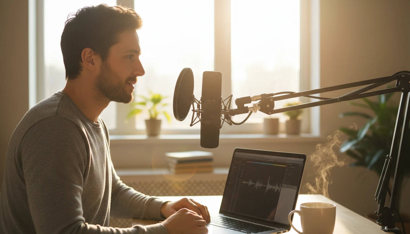 Podcaster at a home studio desk with a MacBook and microphone exporting an episode