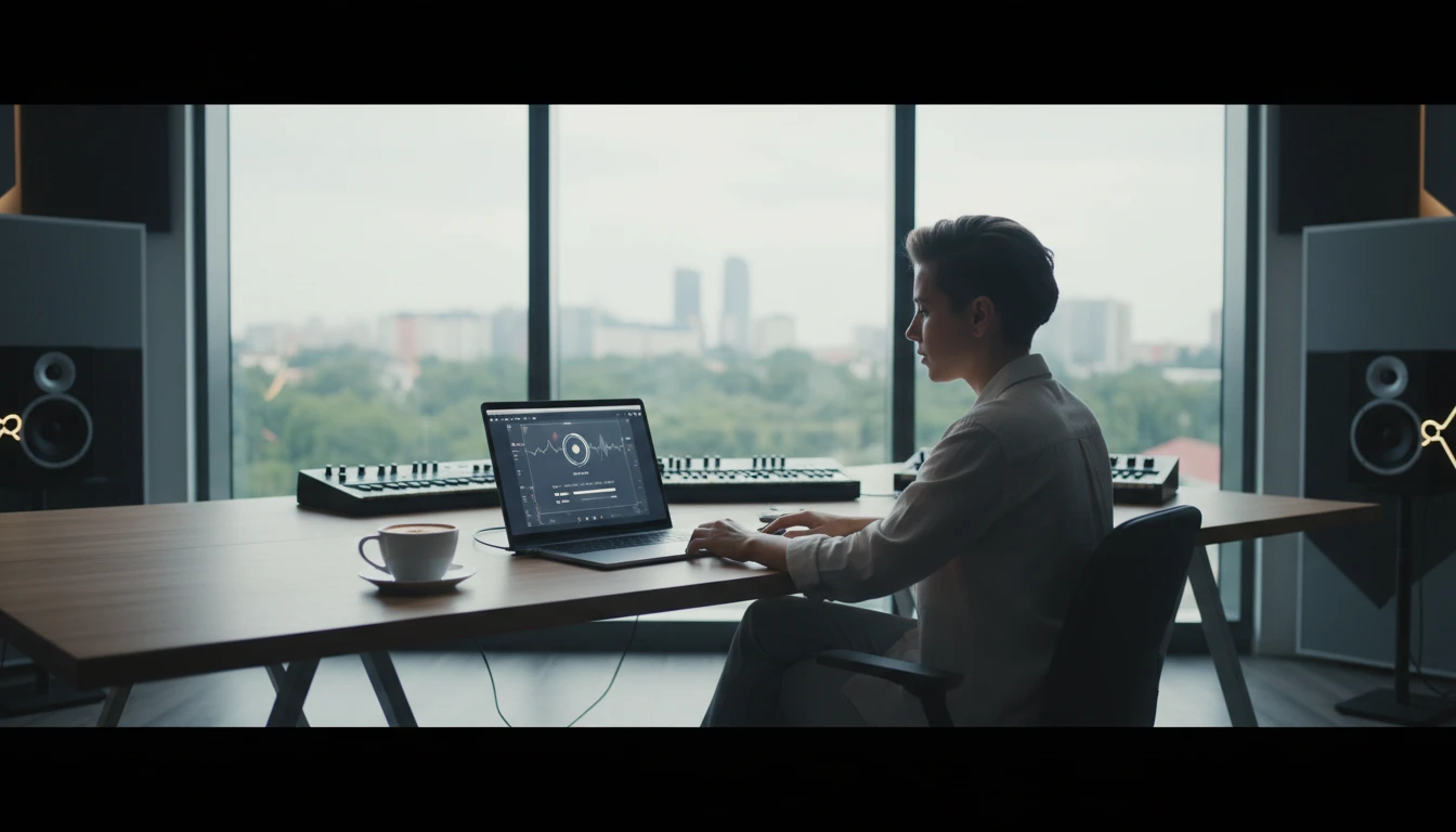 Music producer uploading audio files to a streaming platform on a laptop