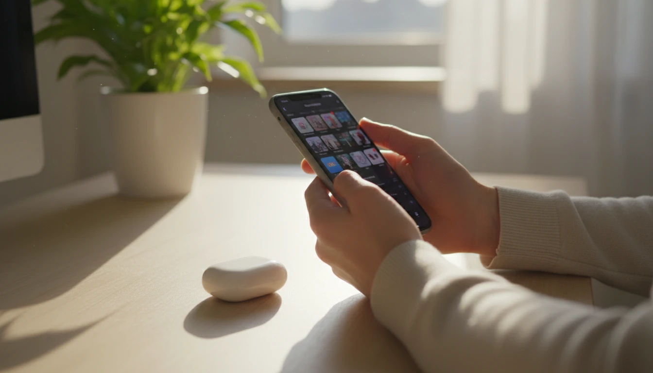 Person holding an iPhone showing a music library with album art and AirPods nearby