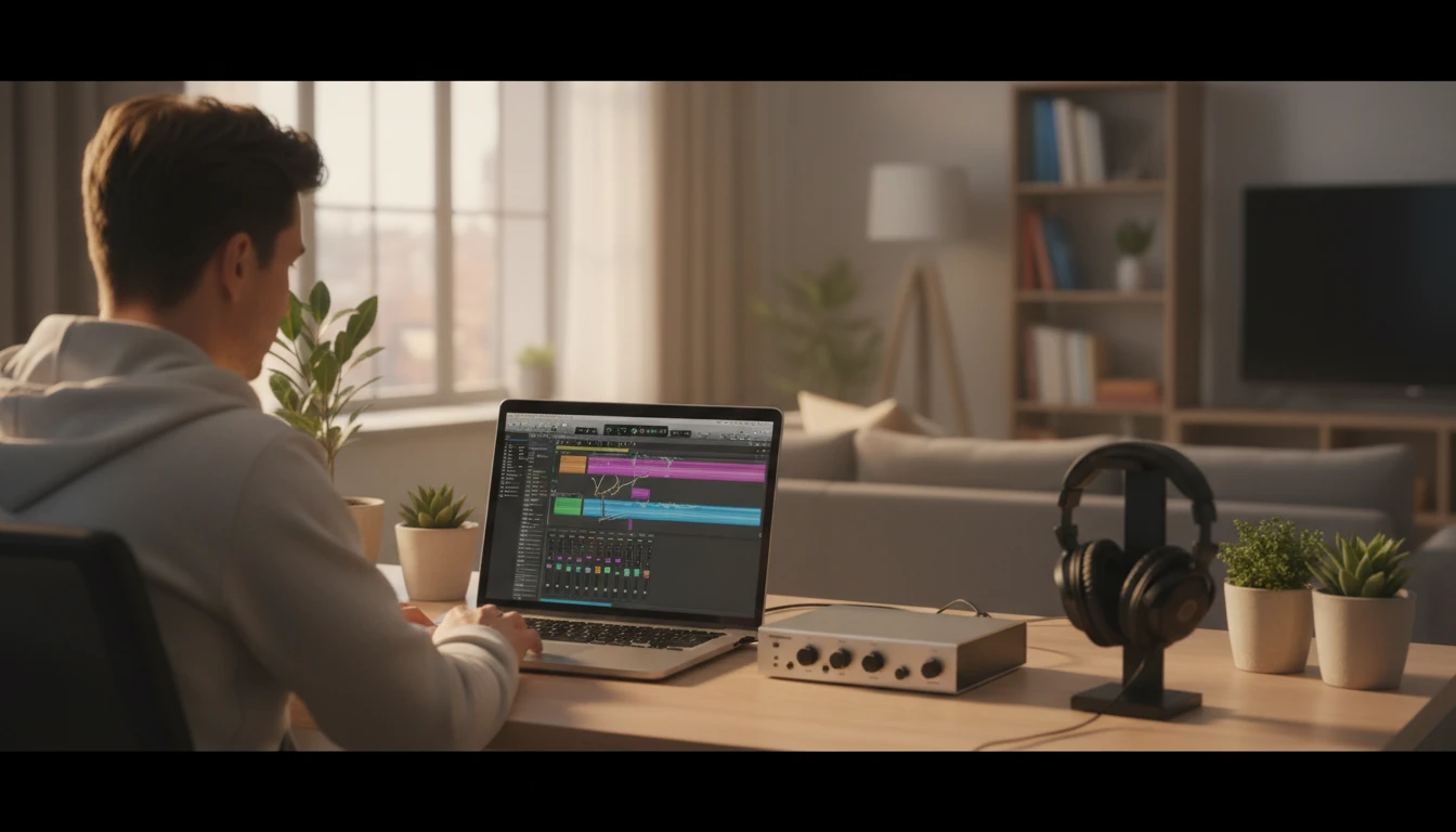 Audio producer at a MacBook with Logic Pro open and an audio session on screen