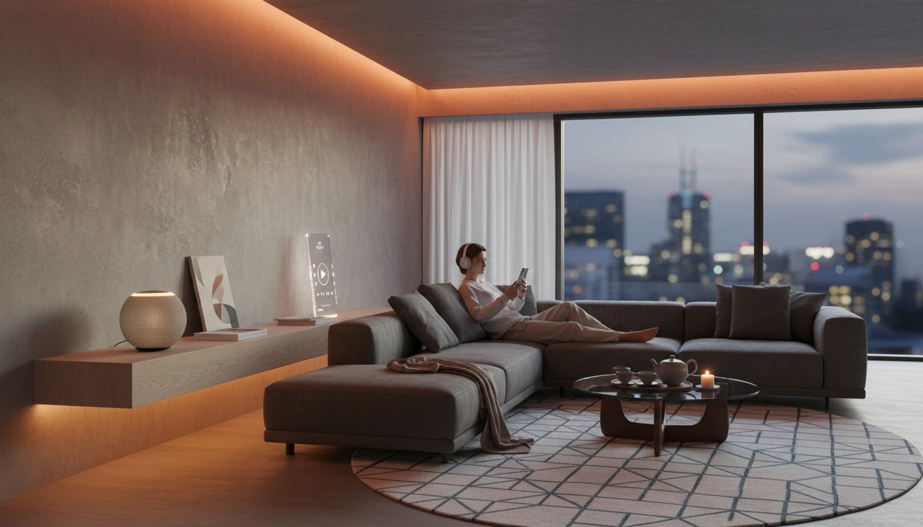 Person in a living room streaming music to an AirPlay speaker from an iPhone